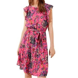 Loft Womens Pink Floral Tie-Waist Flutter Sleeve Tiered‎ Boho Midi Dress Small
